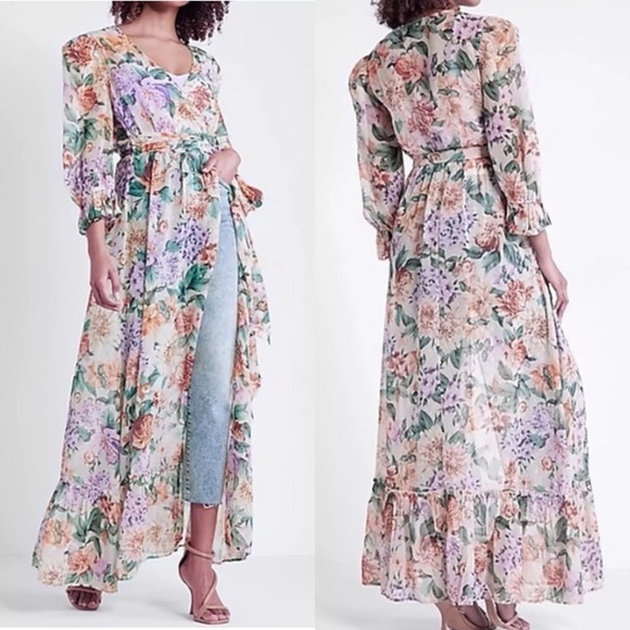 Express Floral Print Sheer Tie Waist Cover-up Maxi Dress Length Medium Large - Picture 1 of 14